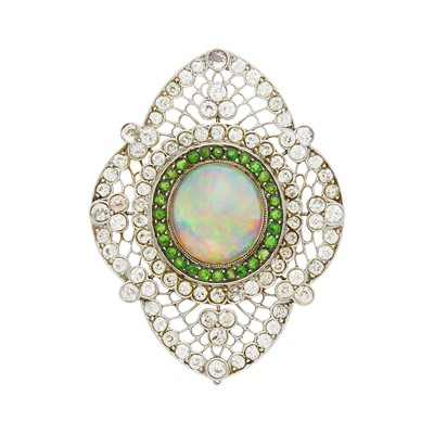 Lot 1087 - Platinum, Jelly Opal, Diamond and Green Garnet Pendant-Brooch