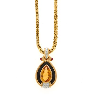 Lot 1029 - Two-Color Gold, Citrine, Black Enamel, Diamond and Cabochon Ruby Enhancer with Necklace
