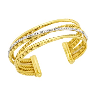 Lot 80 - David Yurman Seven Row Two-Color Gold and Diamond Cable Cuff Bracelet