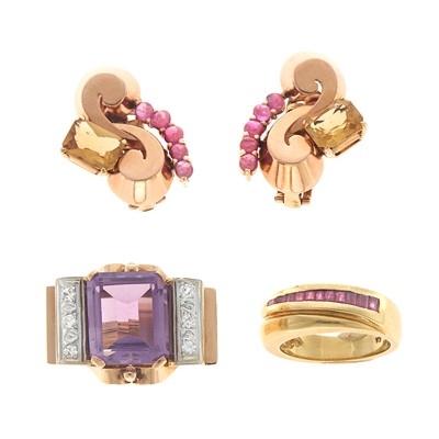 Lot 2130 - Pair of Rose Gold, Cabochon Ruby and Citrine Earclips, Gold, Amethyst and Simulated Diamond Ring and Gold and Ruby Ring