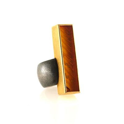 Lot 2151 - Michael Zobel Gold, Oxidized Silver, Amber and Diamond Ring
