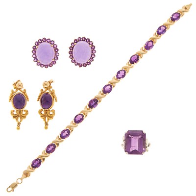 Lot 2156 - Group of Yellow and White Gold, Low Karat Gold, Amethyst and Lavender Jade Jewelry