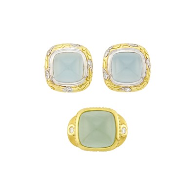 Lot 6 - Seidengang Pair of Two-Color Gold, Chalcedony and Diamond Earclips and Athena Ring