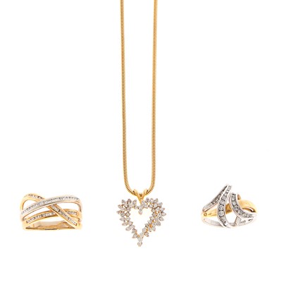 Lot 2172 - Gold and Diamond Heart Pendant with Chain, and Two Two-Color Gold and Diamond Rings
