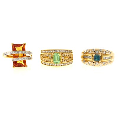 Lot 2189 - Three Gold, Diamond and Colored Stone Rings