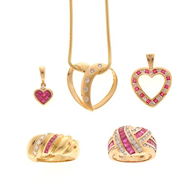 Lot 2109 - Two Gold, Ruby and Diamond Rings, Three Heart Pendants and Chain