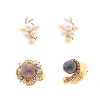 Lot 2188 - Two Gold, Tahitian Gray Cultured Pearl and Diamond Rings and Pair of White Gold and Cultured Pearl Earclips