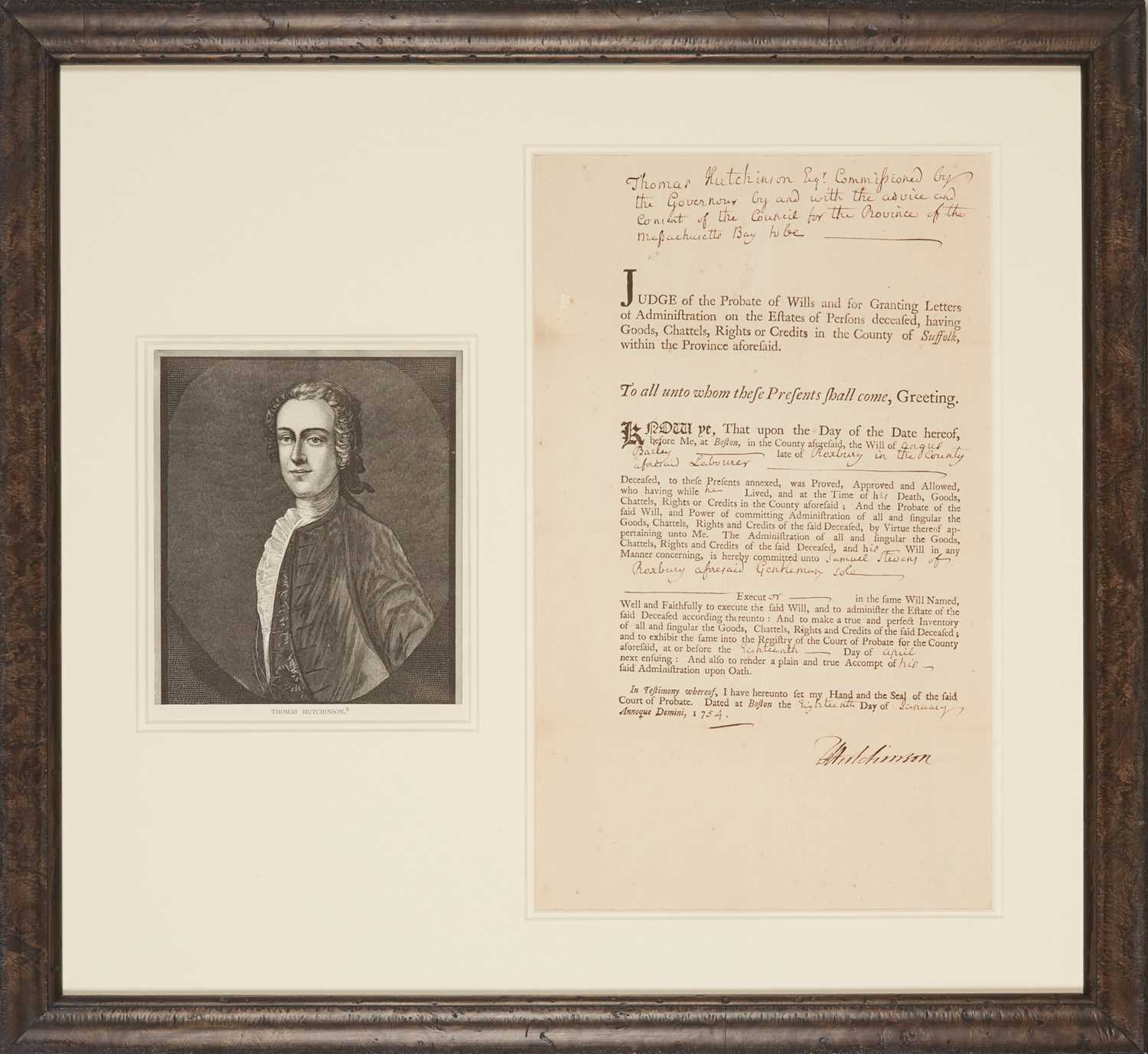 Lot 10 - Printed document signed by Massachusetts Bay Lieutenant Governor Thomas Hutchinson