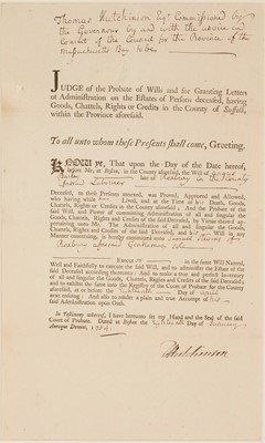 Lot 10 - Printed document signed by Massachusetts Bay Lieutenant Governor Thomas Hutchinson