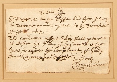 Lot 16 - Document signed by William Hathorne, the prosecutor of the Quakers
