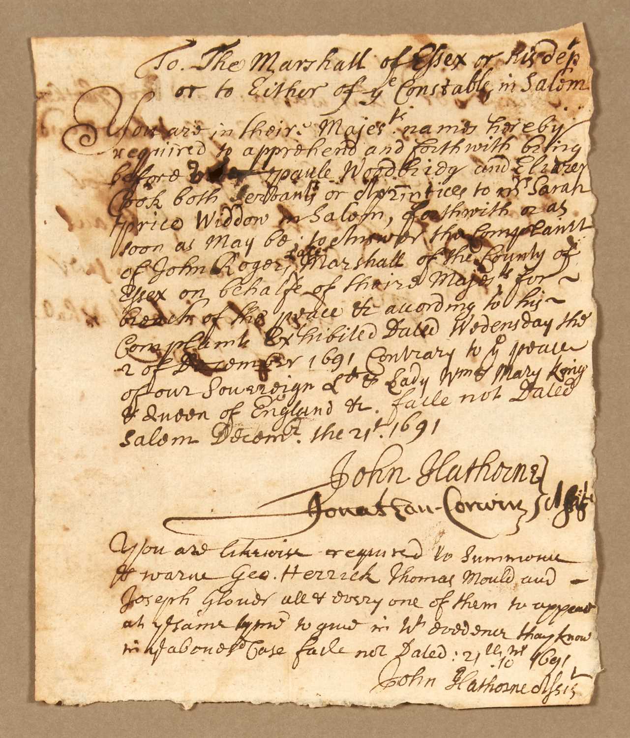 Lot 19 - Signed by two notorious Salem Witch Trials magistrates in 1691