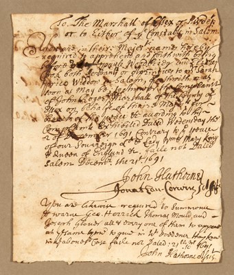 Lot 19 - Signed by two notorious Salem Witch Trials magistrates in 1691