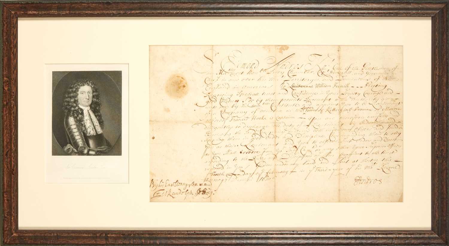 Lot 13 - Document signed by Edmund Andros Governor as Governor of the Dominion of New England