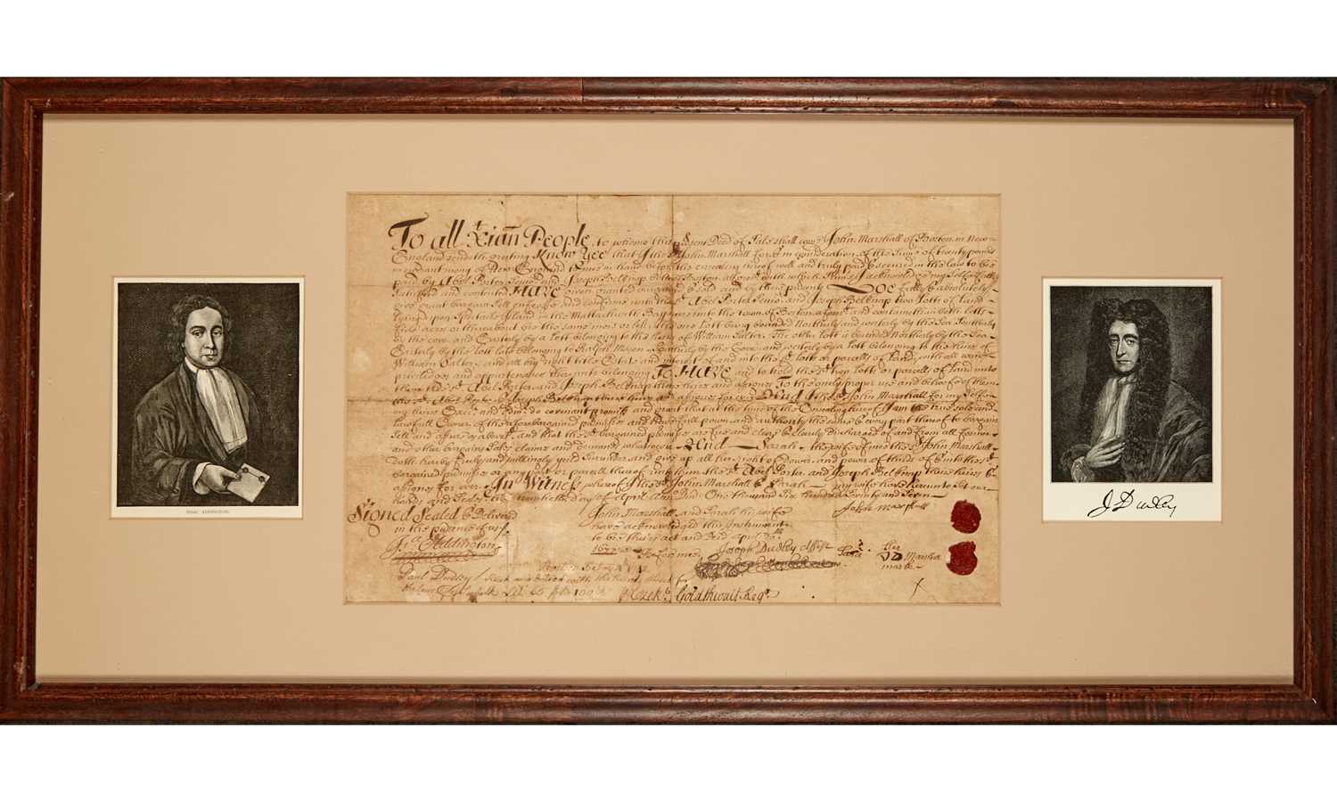 Lot 31 - Early land sale document signed for lots on Spectacle Island signed by Joseph Dudley