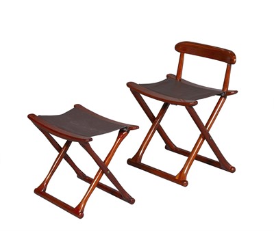 Lot 69 - Cherry Stained Wood and Leather Folding Chair and Stool