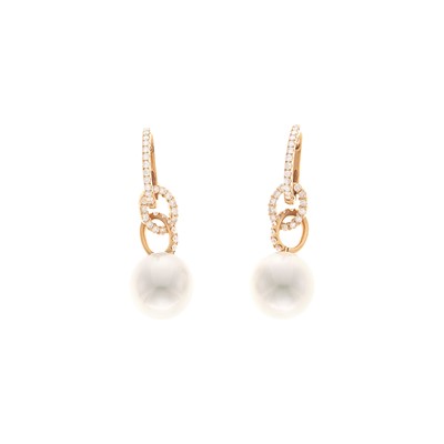 Lot 2106 - Pair of Rose Gold, Cultured Pearl and Diamond Pendant-Earrings
