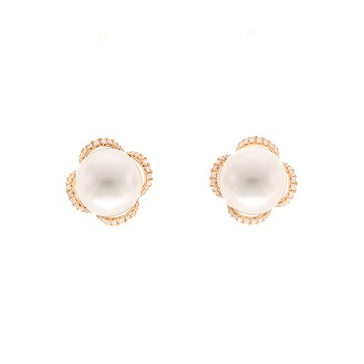 Lot 1061 - Pair of Rose Gold, Cultured Pearl and Diamond Earrings