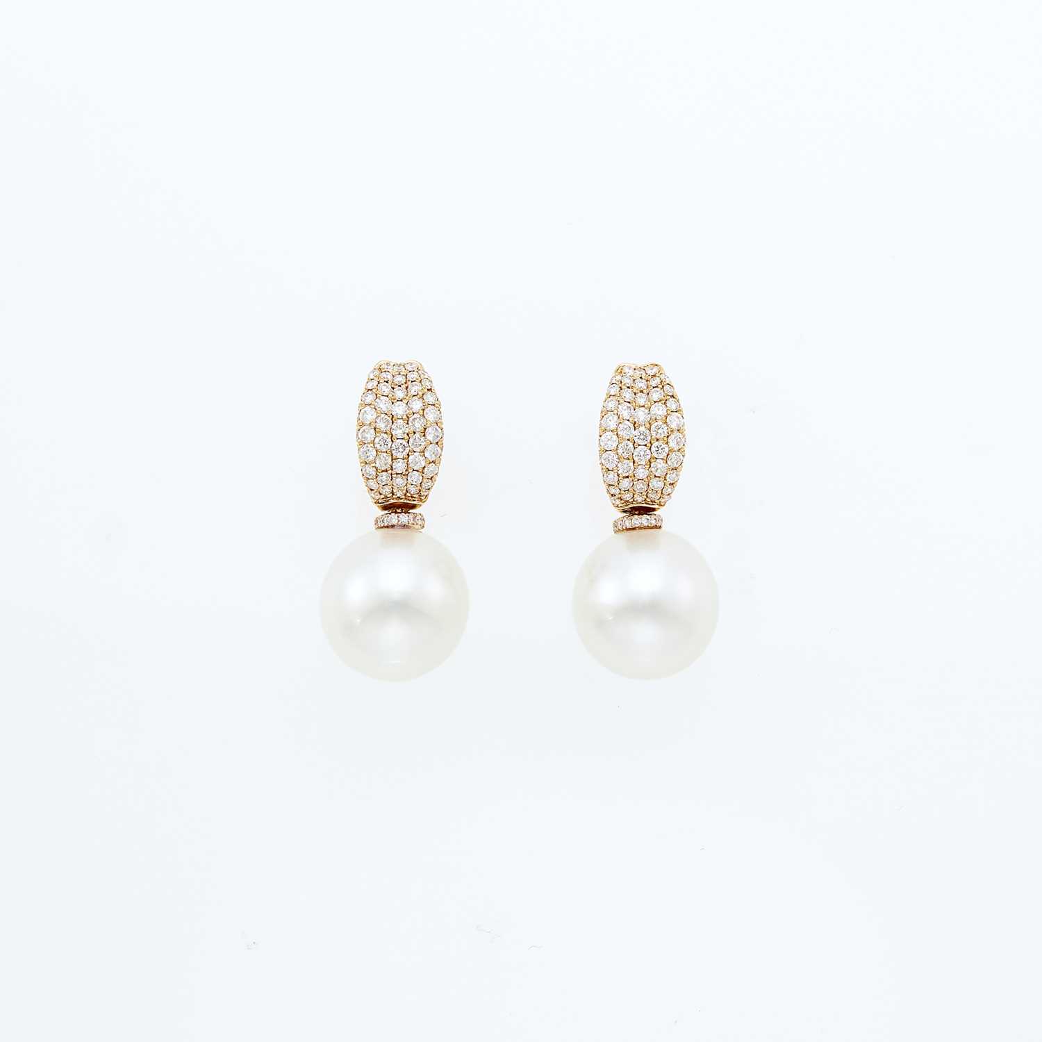 Lot 1042 - Pair of Rose Gold, Cultured Pearl and Diamond Pendant-Earrings