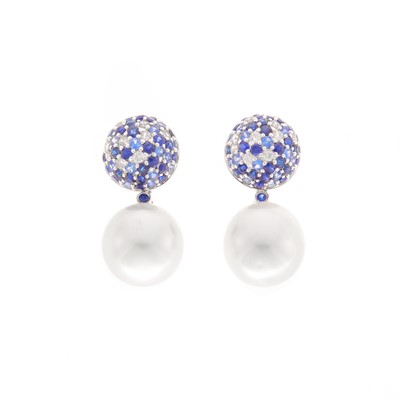Lot 129 - Pair of White Gold, South Sea Cultured Pearl, Sapphire and Diamond Pendant-Earrings