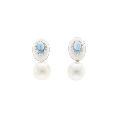 Lot 2072 - Pair of White Gold, White Agate, Cabochon Blue Topaz, Diamond and South Sea Cultured Pearl Pendant-Earrings