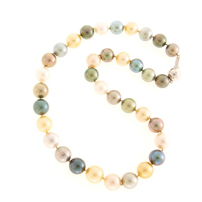Lot 1056 - Multicolored South Sea Cultured Pearl Necklace with White Gold and Diamond Ball Clasp