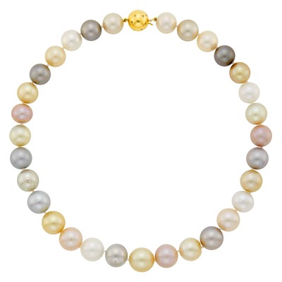 Lot 110 - South Sea, Golden, Tahitian Gray Cultured and Pink Freshwater Pearl Necklace with Gold and Diamond Ball Clasp