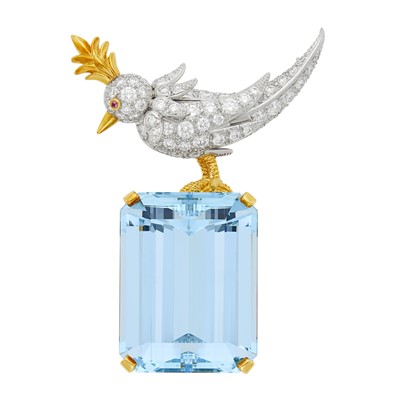 Lot 246 - Tiffany & Co., Schlumberger Platinum, Gold, Aquamarine and Diamond 'Bird on a Rock' Brooch