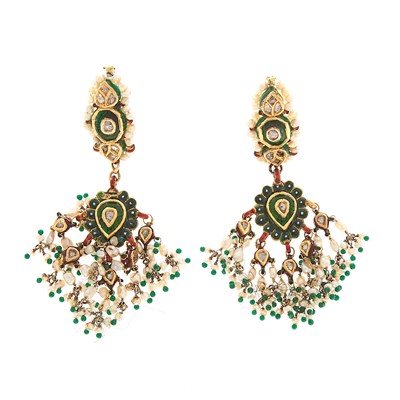 Lot 2094 - Pair of Indian Gold, Jaipur Enamel, Foil-Backed Diamond, Glass and Seed Pearl Fringe Pendant-Earrings