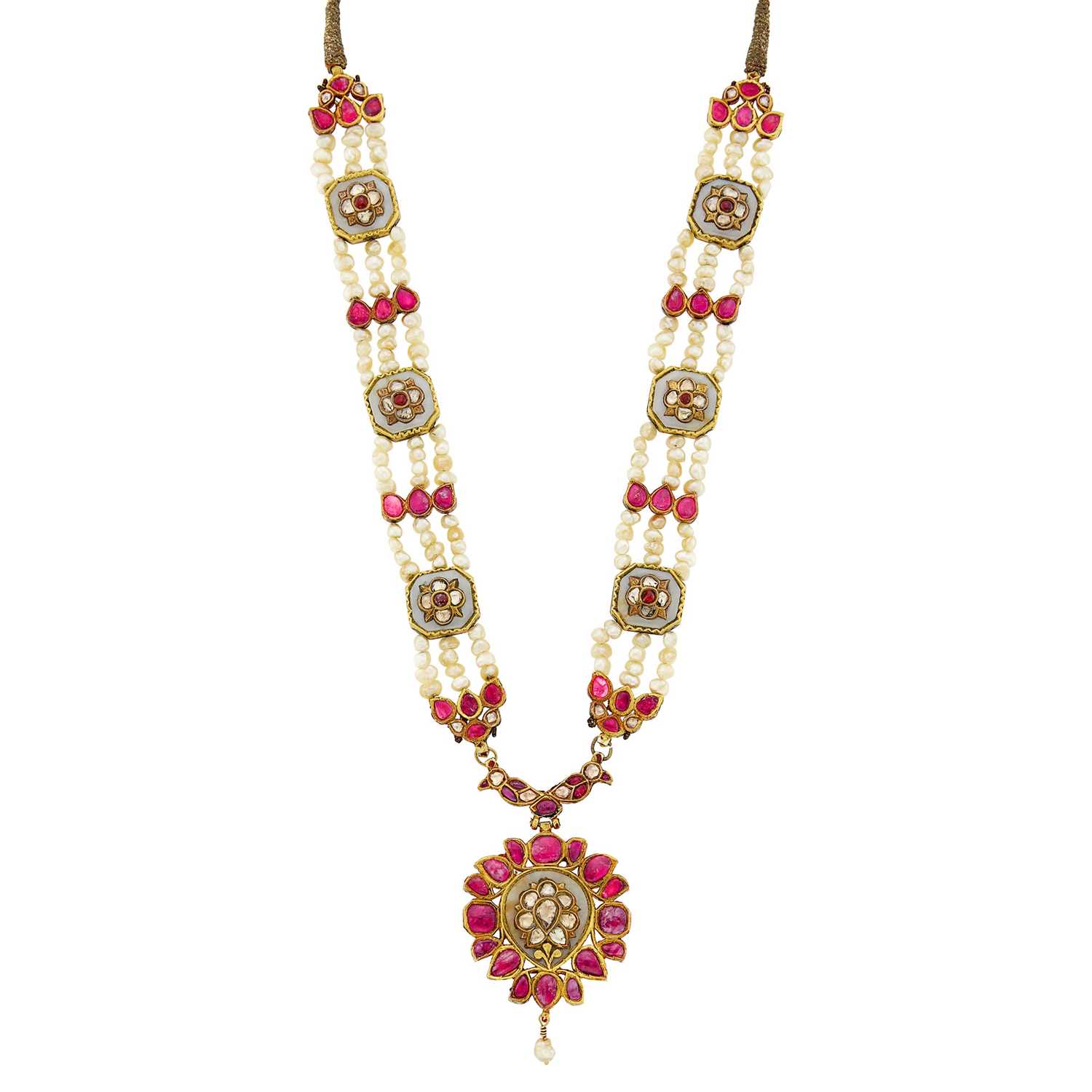 Lot 1109 - Indian Gold, Enamel, Freshwater Pearl, Chalcedony, Foil-Backed Diamond and Ruby Pendant-Necklace