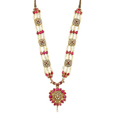 Lot 1109 - Indian Gold, Enamel, Freshwater Pearl, Chalcedony, Foil-Backed Diamond and Ruby Pendant-Necklace