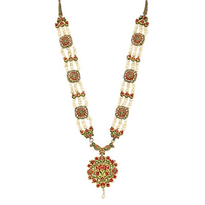 Lot 1109 - Indian Gold, Enamel, Freshwater Pearl, Chalcedony, Foil-Backed Diamond and Ruby Pendant-Necklace