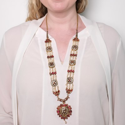 Lot 1109 - Indian Gold, Enamel, Freshwater Pearl, Chalcedony, Foil-Backed Diamond and Ruby Pendant-Necklace