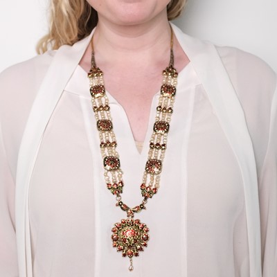 Lot 1109 - Indian Gold, Enamel, Freshwater Pearl, Chalcedony, Foil-Backed Diamond and Ruby Pendant-Necklace