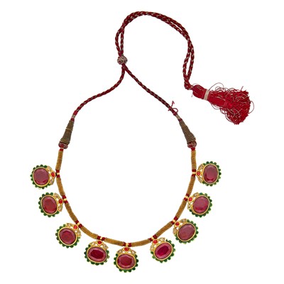 Lot 1111 - Indian Gold, Diamond, Foil-Backed Gem-Set and Enamel Pendant-Necklace