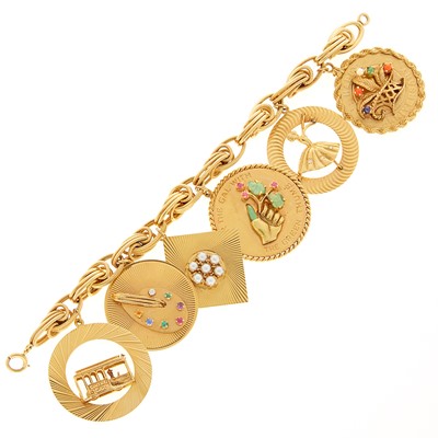 Lot 2137 - Gold and Gem-Set Charm Bracelet