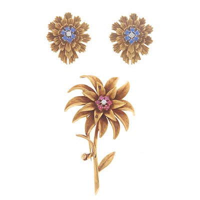 Lot 2040 - Tiffany & Co. Gold, Ruby and Diamond Flower Brooch and Pair of Sapphire Earclips