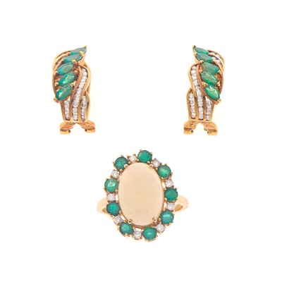 Lot 2147 - Pair of Gold, Emerald and Diamond Earrings and Low Karat Gold, White Opal, Emerald and Diamond Ring