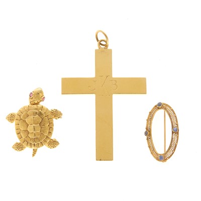 Lot 2167 - Tiffany & Co. Gold Cross Pendant, Turtle Pin and Antique Gold and Sapphire Pin