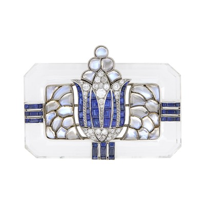 Lot 68 - Platinum, White Gold, Carved Rock Crystal, Sapphire, Moonstone and Diamond Egyptian Lotus Brooch