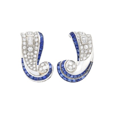 Lot 218 - Boucheron Paris Pair of Platinum, Sapphire and Diamond Scrolled Clips