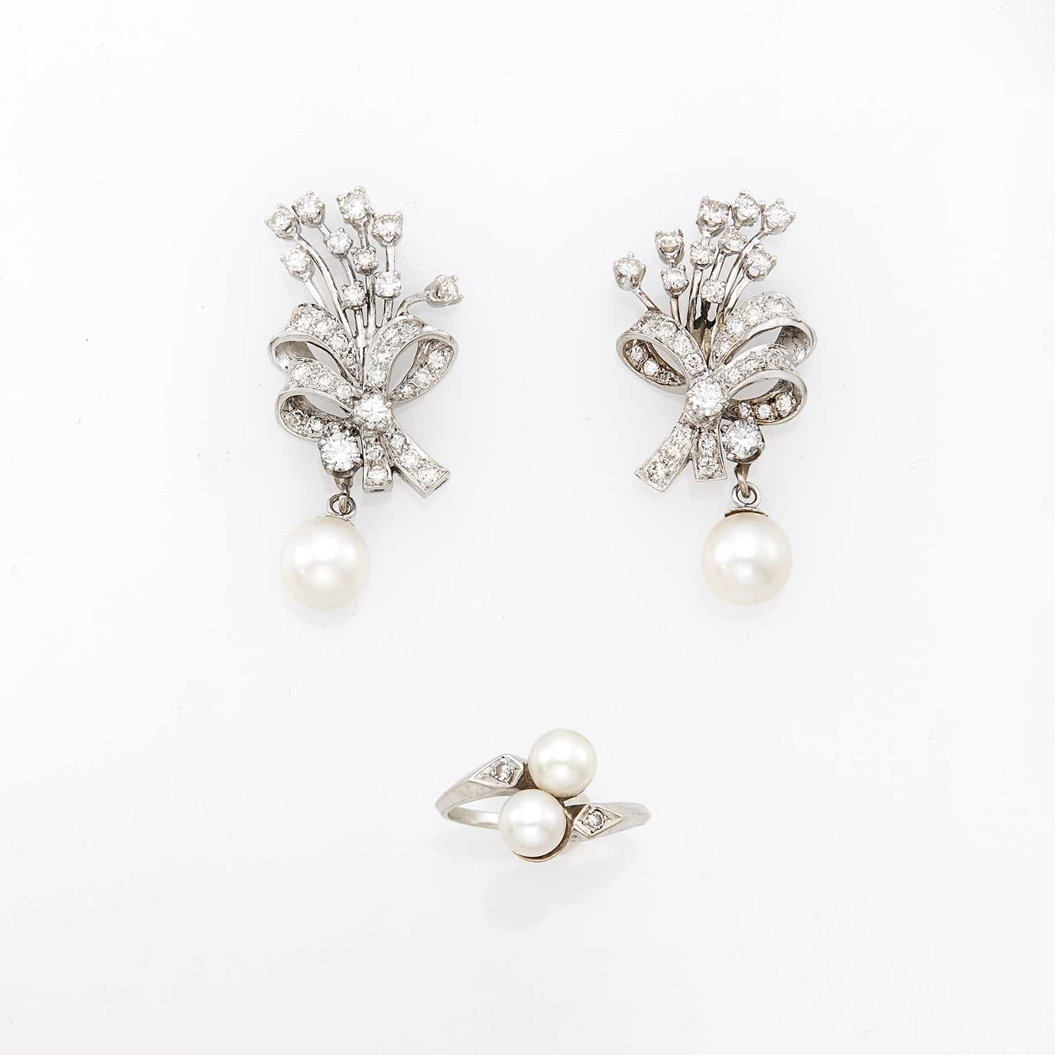 Lot 1057 - White Gold, Cultured Pearl and Diamond Ring and Pair of Platinum Pendant-Earrings