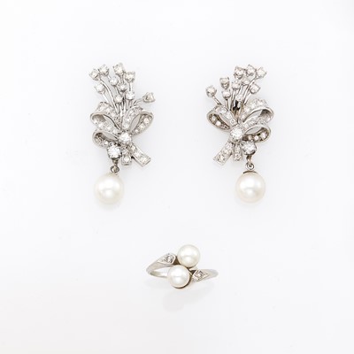 Lot 1057 - White Gold, Cultured Pearl and Diamond Ring and Pair of Platinum Pendant-Earrings