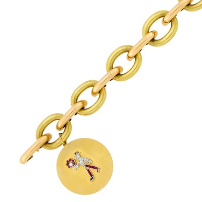 Lot 1169 - Two-Color Gold Bracelet with Gold, Platinum, Diamond and Gem-Set Charm