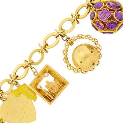 Lot 1143 - Gold, Gem-Set, Cultured Pearl and Enamel Charm Bracelet