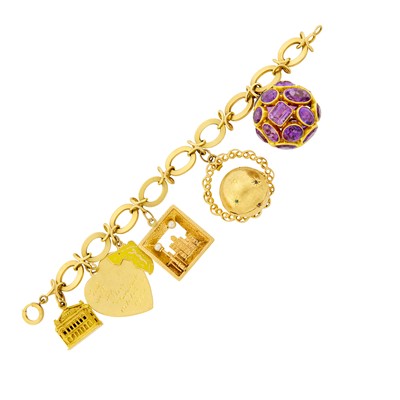 Lot 1143 - Gold, Gem-Set, Cultured Pearl and Enamel Charm Bracelet