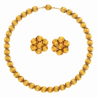 Lot 1170 - Gold Bead Necklace and Pair of Earclips