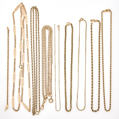 Lot 1163 - Eight Yellow and Rose Gold Chain Necklaces and Bracelet