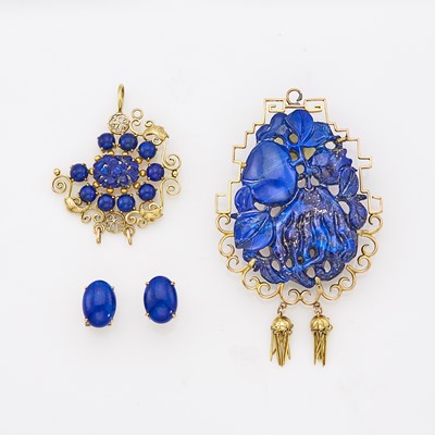 Lot 1183 - Two Gold and Carved Lapis Pendants and Pair of Earrings