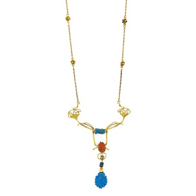 Lot 1172 - Long Gold, Faience and Carnelian Pendant-Necklace