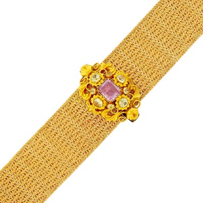 Lot 1146 - Wide Woven Gold Mesh Bracelet with Antique Gold and Gem-Set Brooch